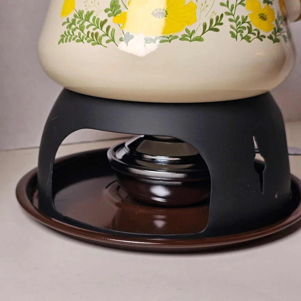 MCM 1970s Enamel Fondue Pot Cottagecore Yellow Floral Poppies Japan Analog